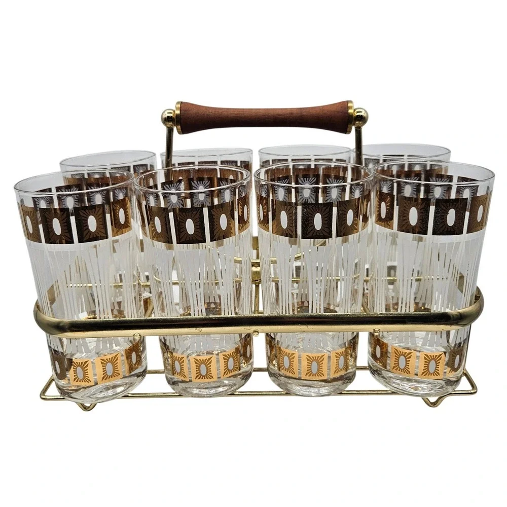 Set of 8 MCM Fred Press Frosted 22Kt Trim High Ball Glasses in‎ a Brass Caddy